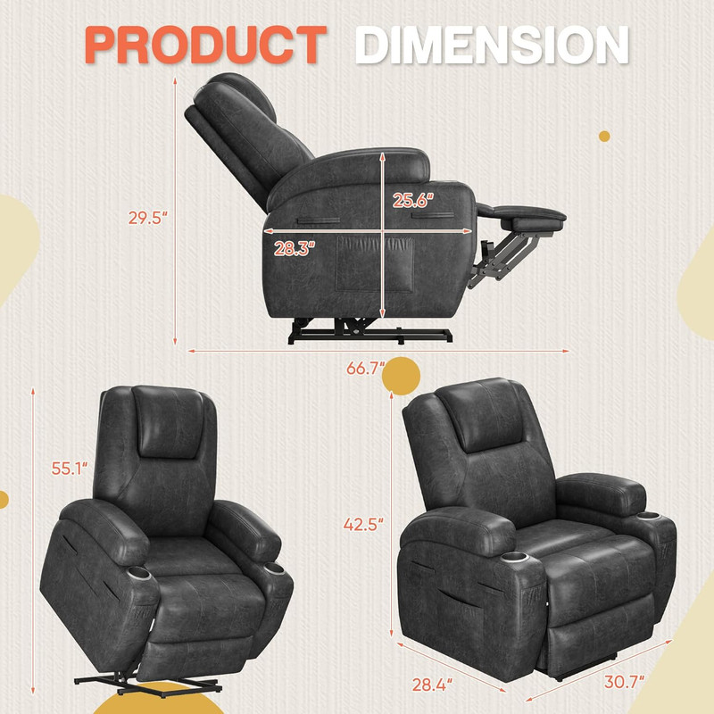 Electric Power Lift Recliner Chair with Massage & Cup Holders - Dark Gray gallery