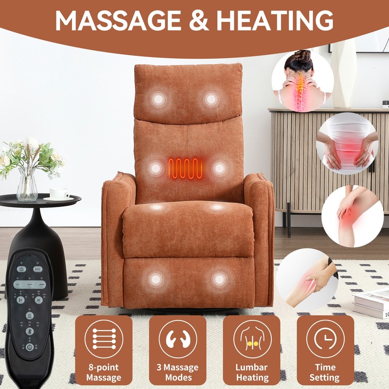 Manual Recliner Chair with Massage, Heat, Rocker & Swivel, Orange gallery