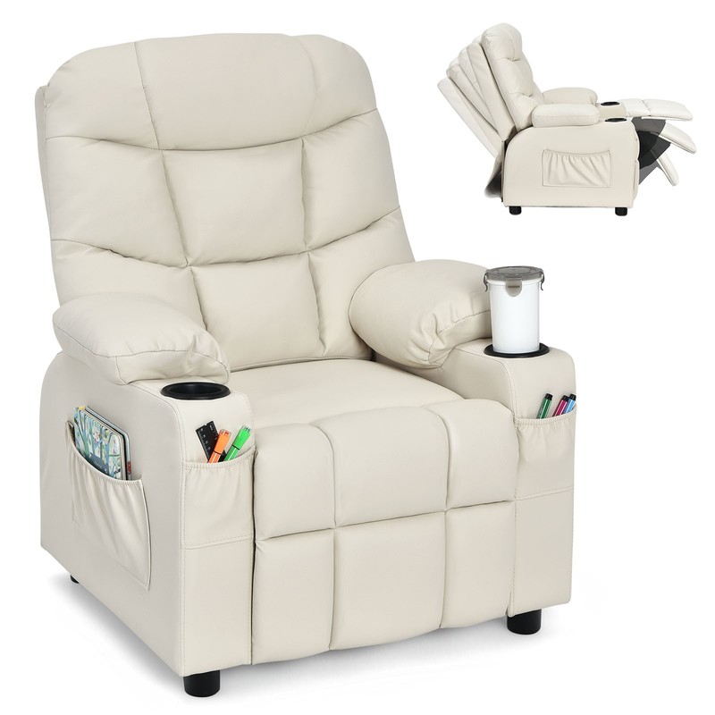 Honeyjoy Kids Youth Recliner Chair PU Leather w/Side Pockets & Cup Holders