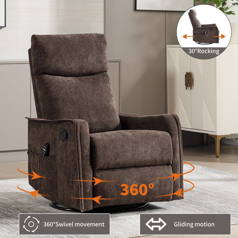 Massage Recliner Chair with Heat, Rocker, Swivel, Brown Fabric gallery