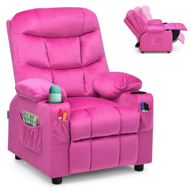 Honeyjoy Kids Youth Recliner Chair Velvet Fabric w/Cup Holder & Side Pocket Pink
