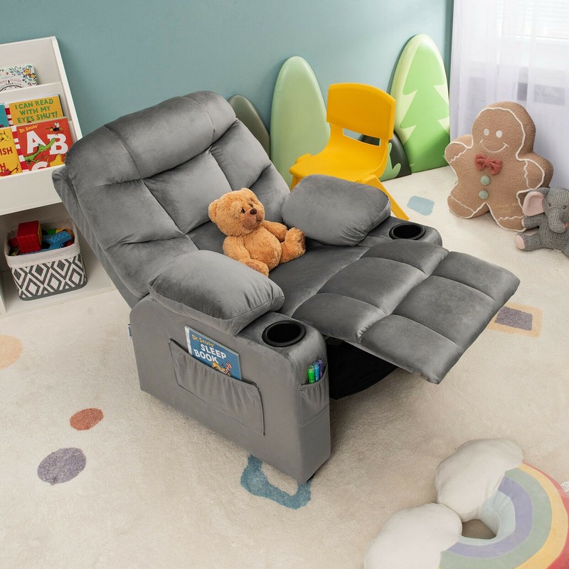 Kids Youth Recliner Chair Velvet Fabric w/Cup Holder & Side Pocket Grey gallery