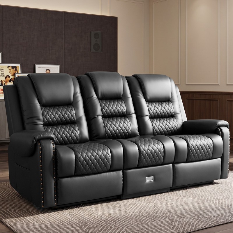 Black Heavy Duty 3Seat PU Leather Massage Chair Recliner Couch Sofa w/Drawer,USB gallery
