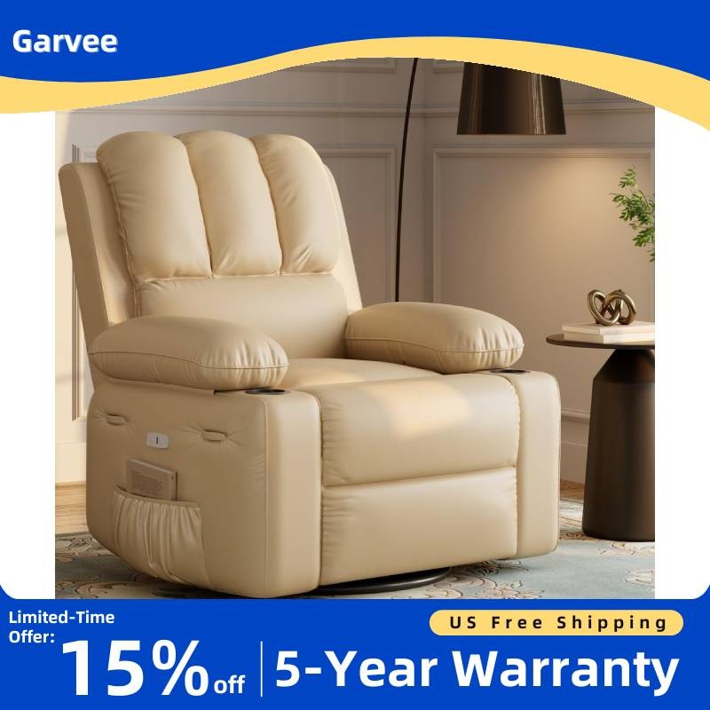 Leather Power Recliner Chair Swivel Oversized Massage Heat USB Ports Side Pocket