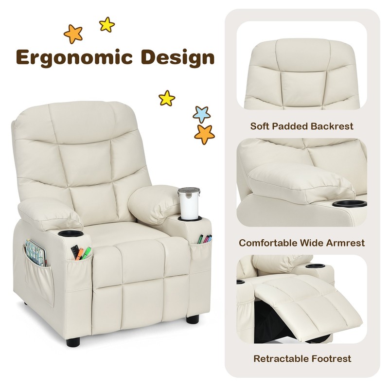 Costway Kids Youth Recliner Chair PU Leather w/Cup Holders & Side Pockets Beige gallery