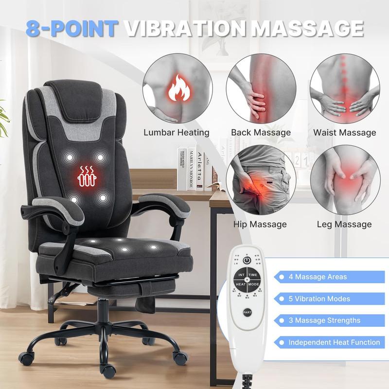 Massage Reclining Office Chair with Heat, 8 Vibration Points & Lumbar Heating, 5 gallery