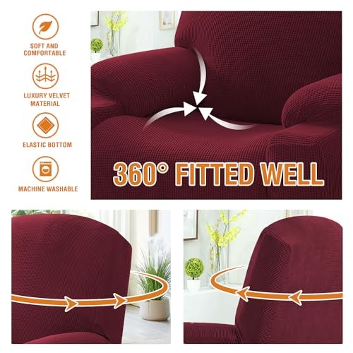High Stretch Recliner Slipcover with Side Pocket Electric Power Lift Burgundy gallery