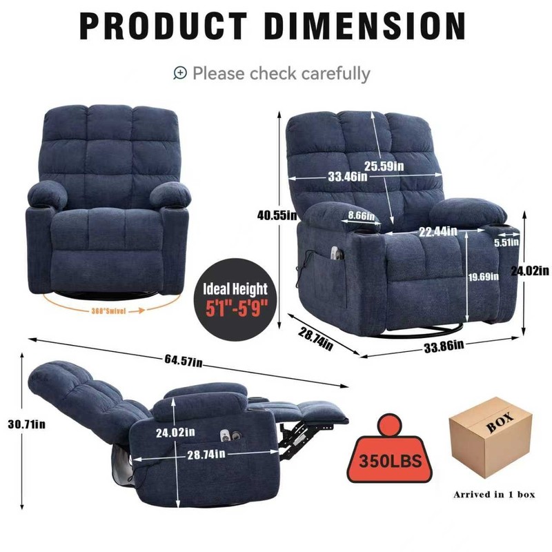 Heat Massage Electric Recliner Chair, Swivel Rocker, 8-Node Vibration, Blue gallery