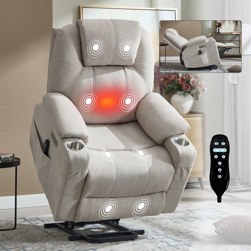 Power Lift Recliner Chair 350 lbs Beige 8-Point Vibration Massage & Heat gallery