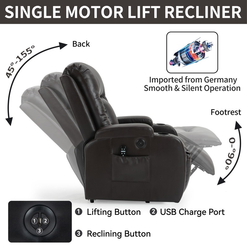 Power Lift Recliner Chair with Massage & Heat, 350 lbs Capacity, Brown gallery