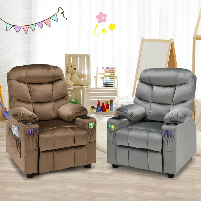 Kids Youth Recliner Chair Velvet Fabric w/Cup Holder & Side Pocket Grey gallery