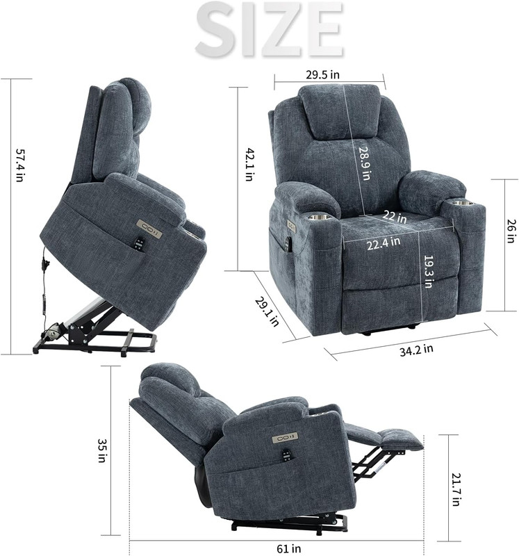 Electric Recliner Lift Chair with Massage, Heat, USB, & Cup Holders - Blue gallery