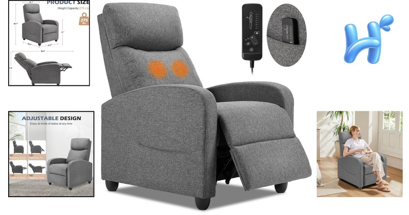 Recliner Chair Adults 34.3d x 26.7w x 38.6h Grey Fabric Upholstered Back gallery