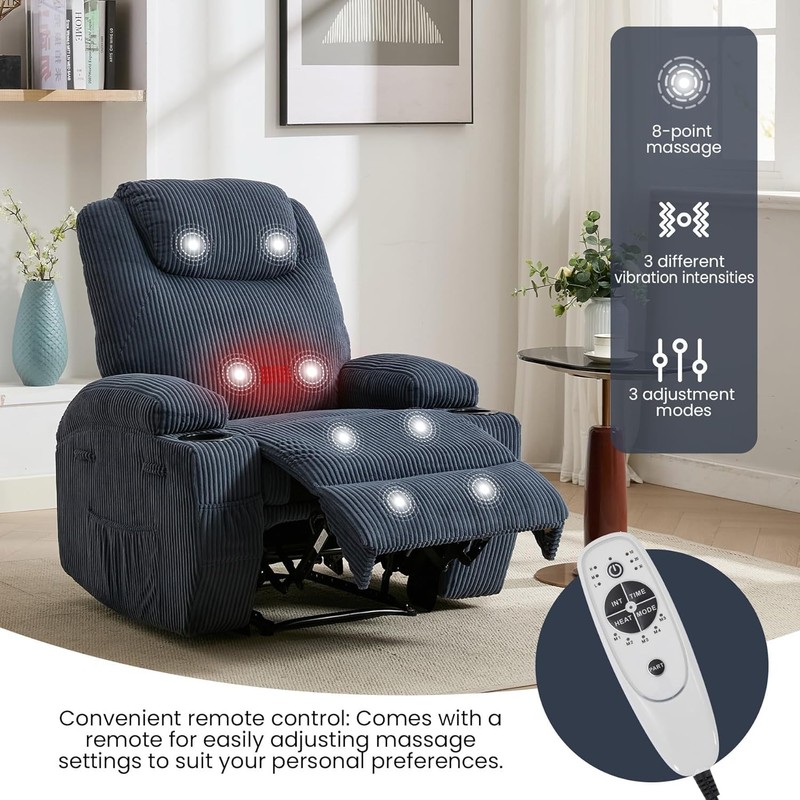 Electric Massage Recliner with Heat,Corduroy Adjustable Chair with Pockets Blue gallery
