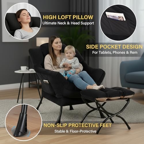 Lazy Chair and Ottoman Velvet Large Accent Chair with a Side Pocket, Black gallery
