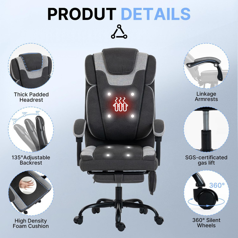 Massage Reclining Office Chair with Heat, 8 Vibration Points & Lumbar Heating, 5 gallery