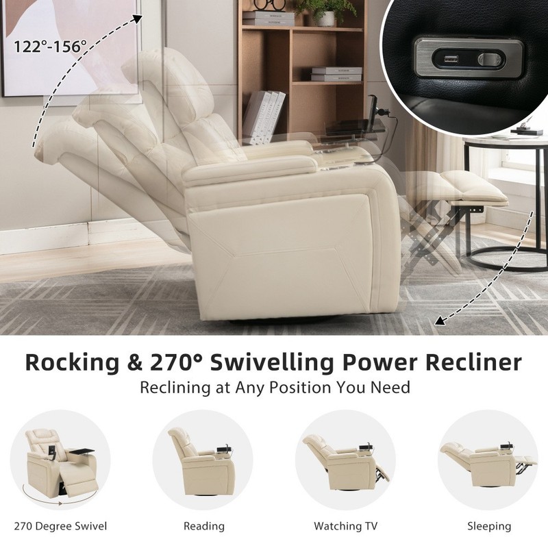 270° Swivel PU Leather Power Recliner w/Tray Table Phone USB Cup Hldrs Storage gallery