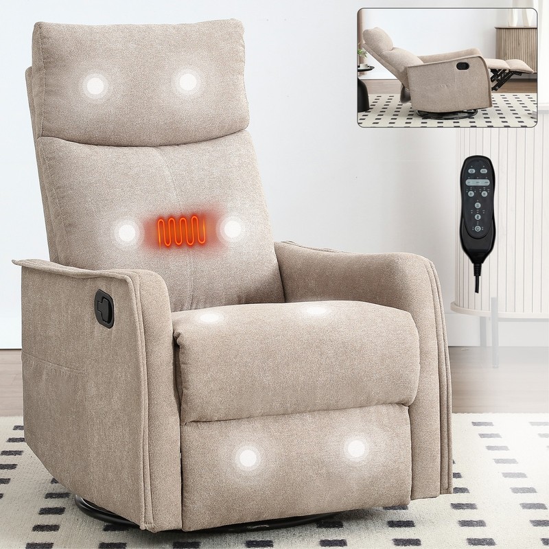 Manual Recliner Chair with Massage, Heat, Rocker & Swivel, Khaki