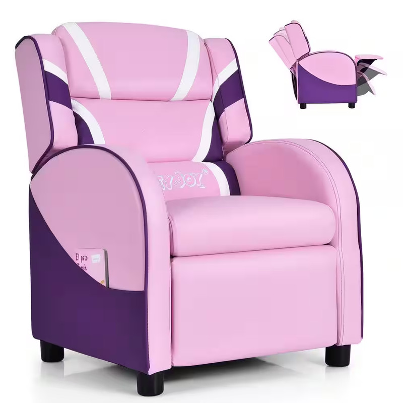Pink Faux Leather Upholstery Kids Recliner Gaming Sofa W/Side Pockets gallery