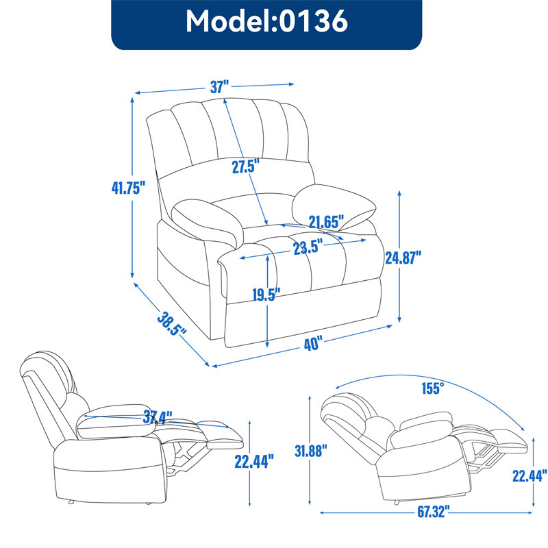 Large Oversized Manual Recliner Chair Reclining Sofa Fabric for Living Room Gray gallery