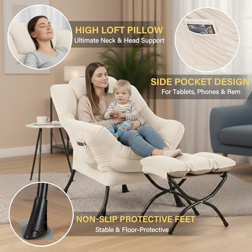 Lazy Chair and Ottoman, Large Velvet Accent Chair with a Side Pocket, Beige gallery