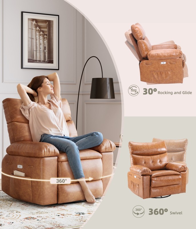 Swivel Rocker Recliner Chair 27" PU Leather Heat Massage 360° Remote Wide Seat gallery