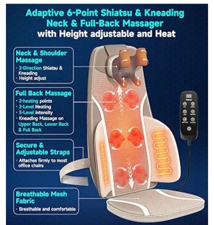 Shiatsu Back & Neck Massage Chair Seat Cushion with Heat – 4D Kneading,... gallery