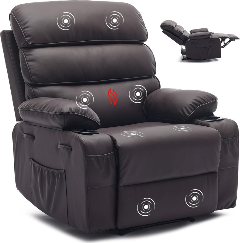 PU Leather Manual Recliner Chair w Massage&Heating, Extra Wide Design for Adults gallery