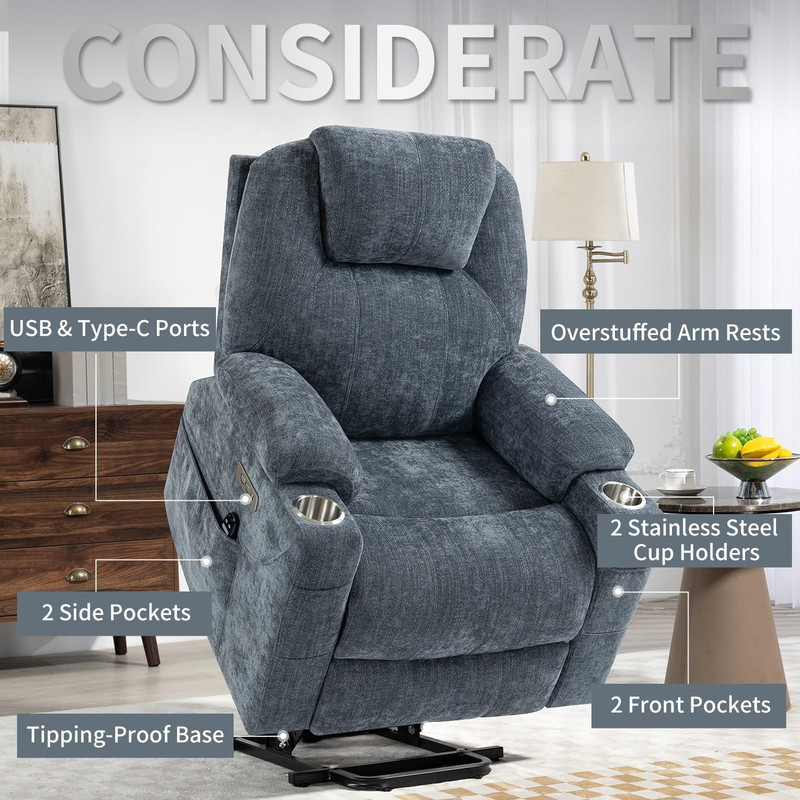 Electric Recliner Lift Chair with Massage, Heat, USB, & Cup Holders - Blue gallery