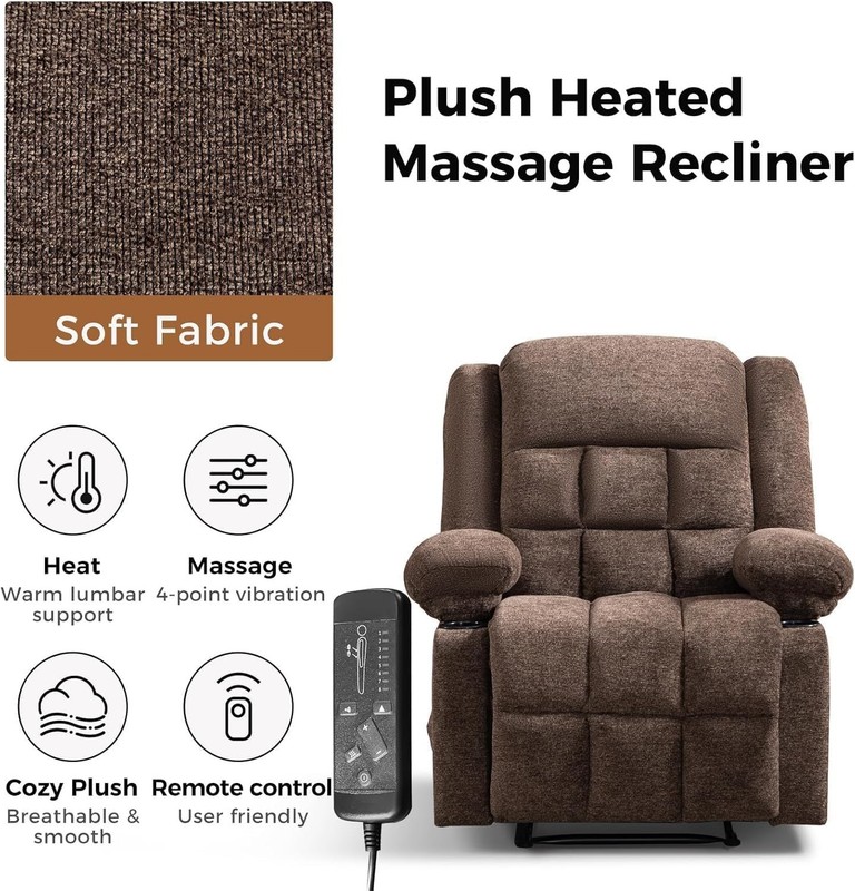 Manual Recliners with Massage and Heat for Adults, Classic Breathable Fabric ... gallery