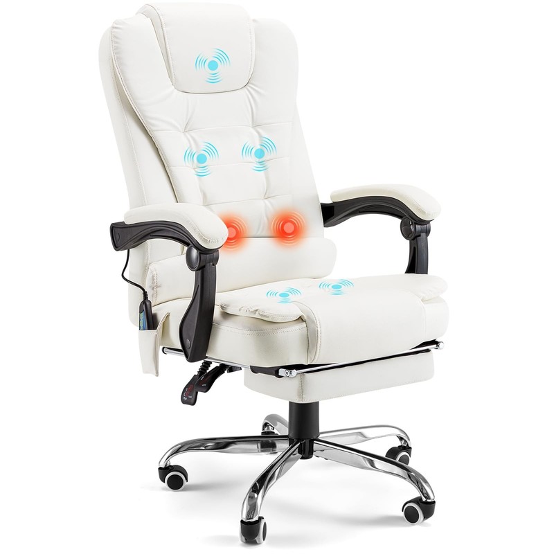 Executive Massage Office Chair with Heat, Reclining Footrest, White Leather