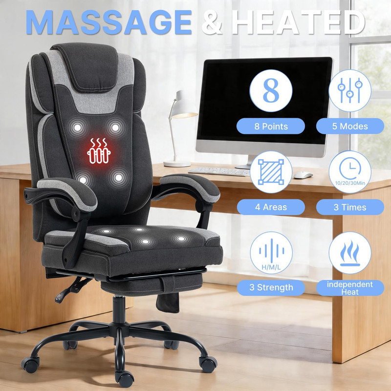 Massage Reclining Office Chair with Heat, 8 Vibration Points & Lumbar Heating, 5 gallery