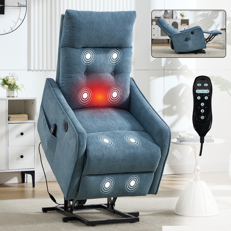Blue Chenille Single Motor Lift Recliner | Massage, Heat, USB, 155° Max Recline
